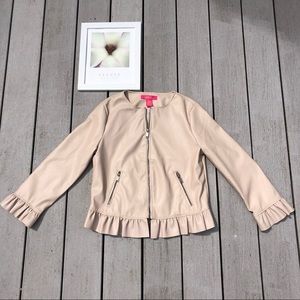 CATHERINE MALANDRINO zip up faux leather jacket S Tan Cream Ruffle